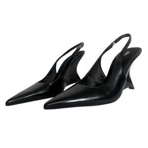 Zara Slingback Kitten Wedge Pointed Toe Heels Shiny Black Size 40 (Women's US 9)